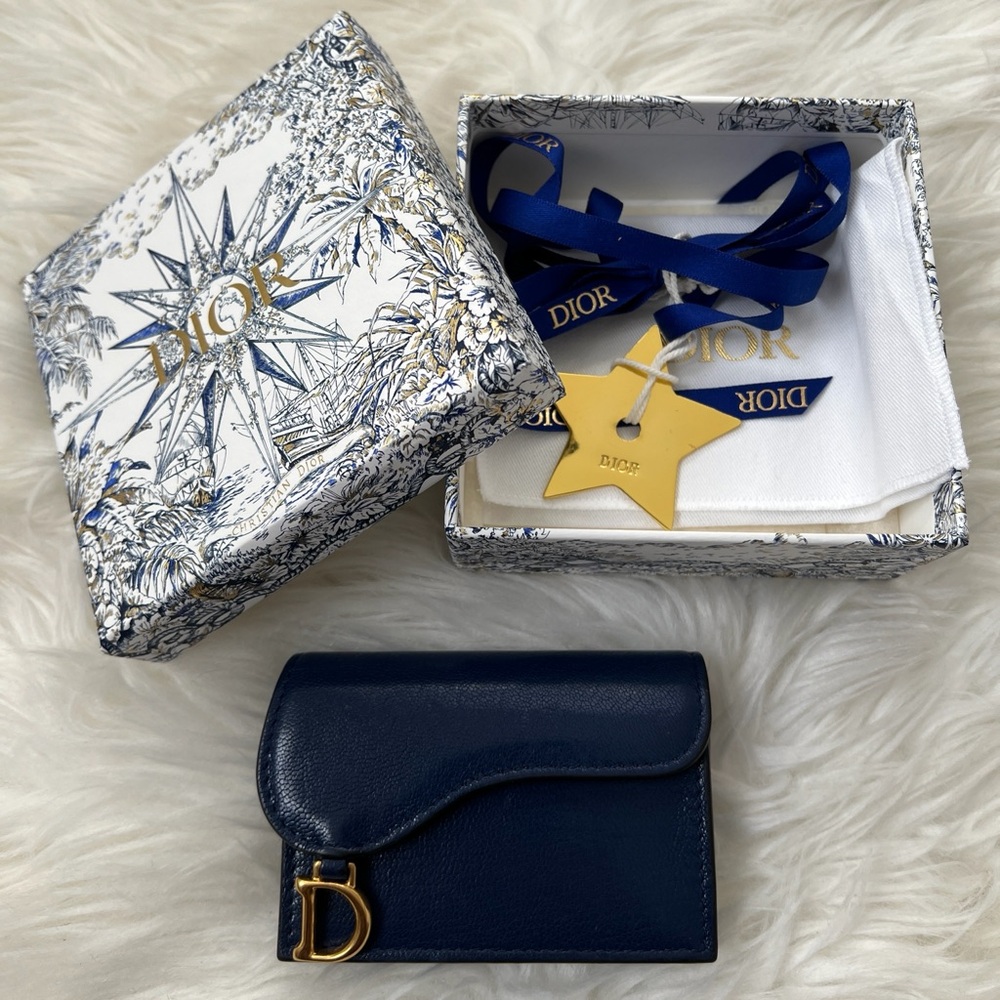 Auth Excellent Christian Dior Saddle Navy Blue Leather Goatskin Wallet Card Case
